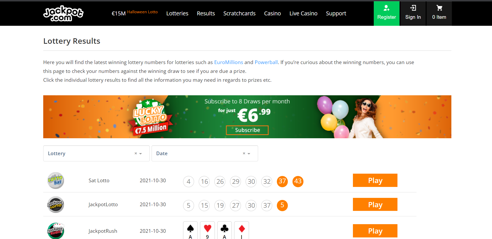 Jackpot.com Lottery Results