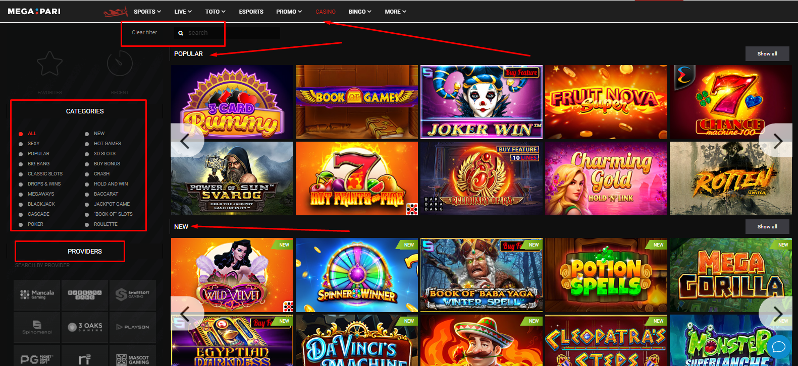 the popular casino game categories