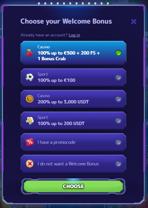 Choose welcome bonus