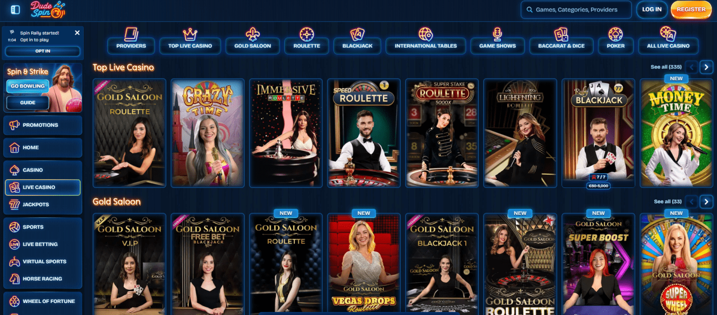 Dudespin Live Casino Interface